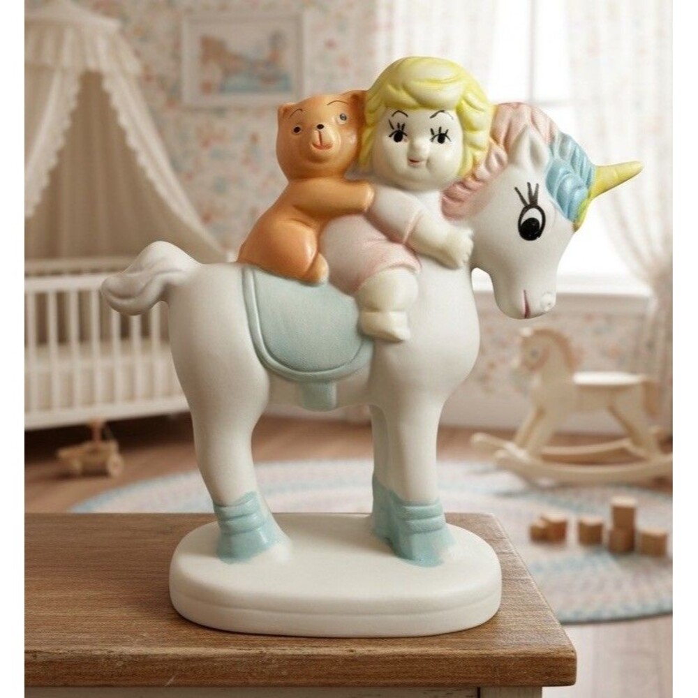 Vintage Girl Riding Unicorn With Teddy Bear Figurine 5” Tall Pastel 80’s Decor